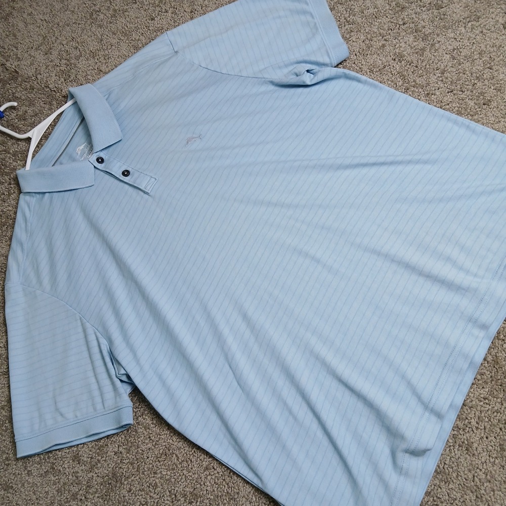 Tommy Bahama Mens XXL Light Blue Striped Short Sleeve Polo Shirt‎ Marlin Logo